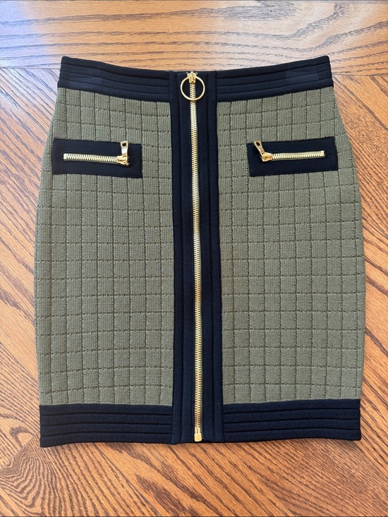 Balmain Dresses & Skirts - Balmain Olive Green Knit Mini Skirt with Black Trim & Gold Zipper